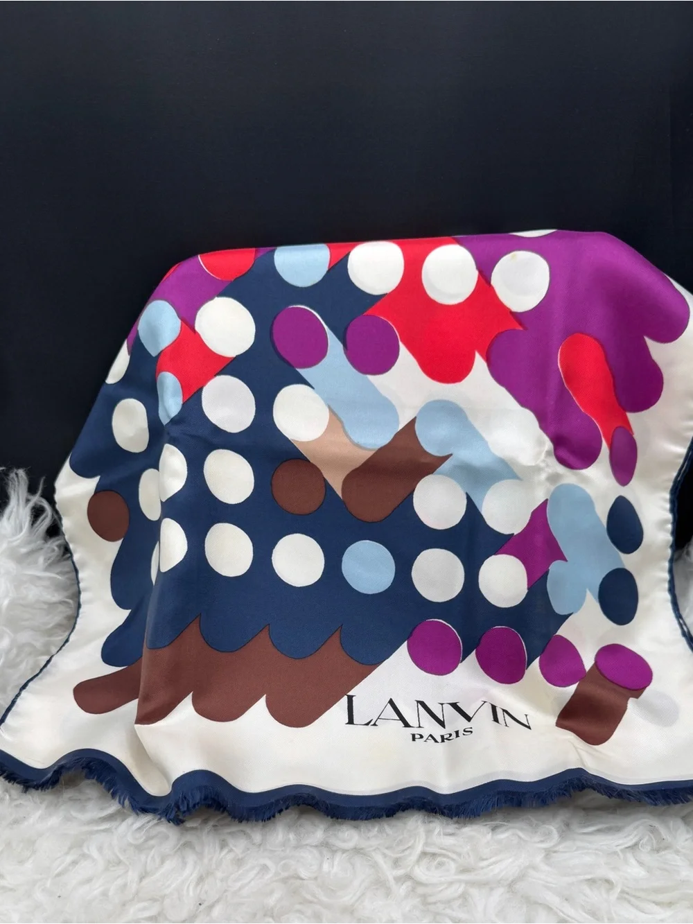 Lanvin Silk Scarf in Navy, Brown, White, Light Blue & Magenta with original box